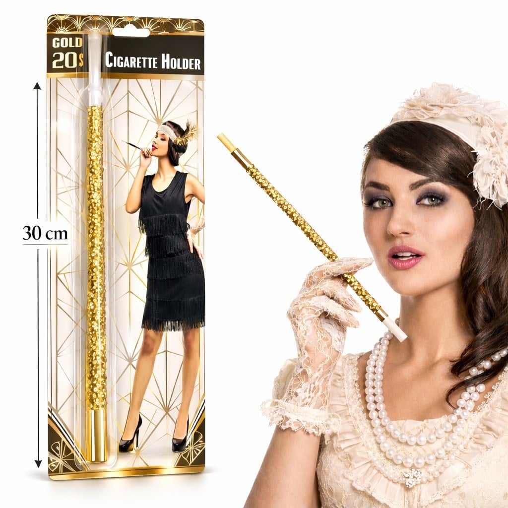 30 cm Altın Gold Payetli Sigara Tutacağı – 1920’ler Gatsby Parti Aksesuarı
