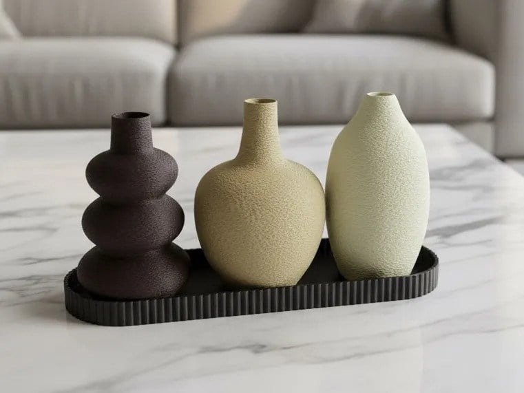 3D Baskı 3lü Dekoratif Vazo Seti ve Sunum Tepsisi - Modern Minimalist Masa Dekoru