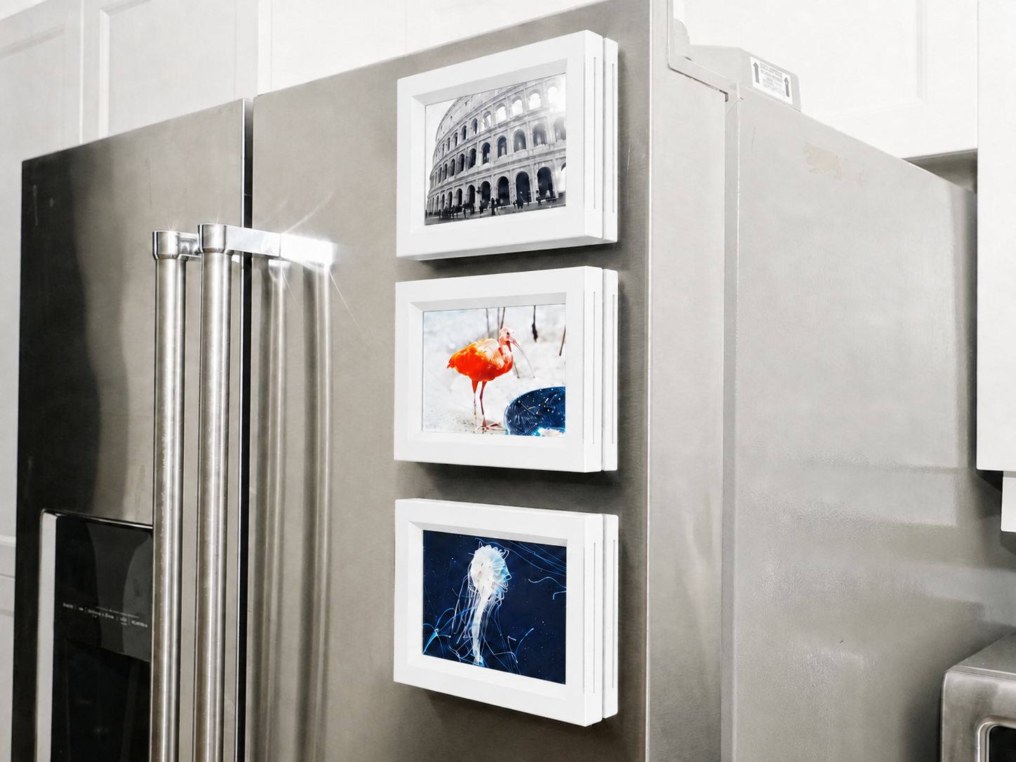 3D Baskı 3lü Magnet Fotoğraf Çerçevesi Seti - Buzdolabı İçin Mini Manyetik Resim Çerçevesi, Dekoratif Magnet-Beyaz