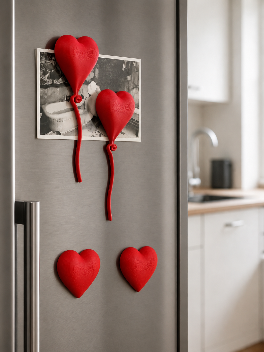 3D Baskı 4lü Kalp Balon Magnet Seti - Dekoratif Buzdolabı Magneti, Fotoğraf ve Not Tutucu