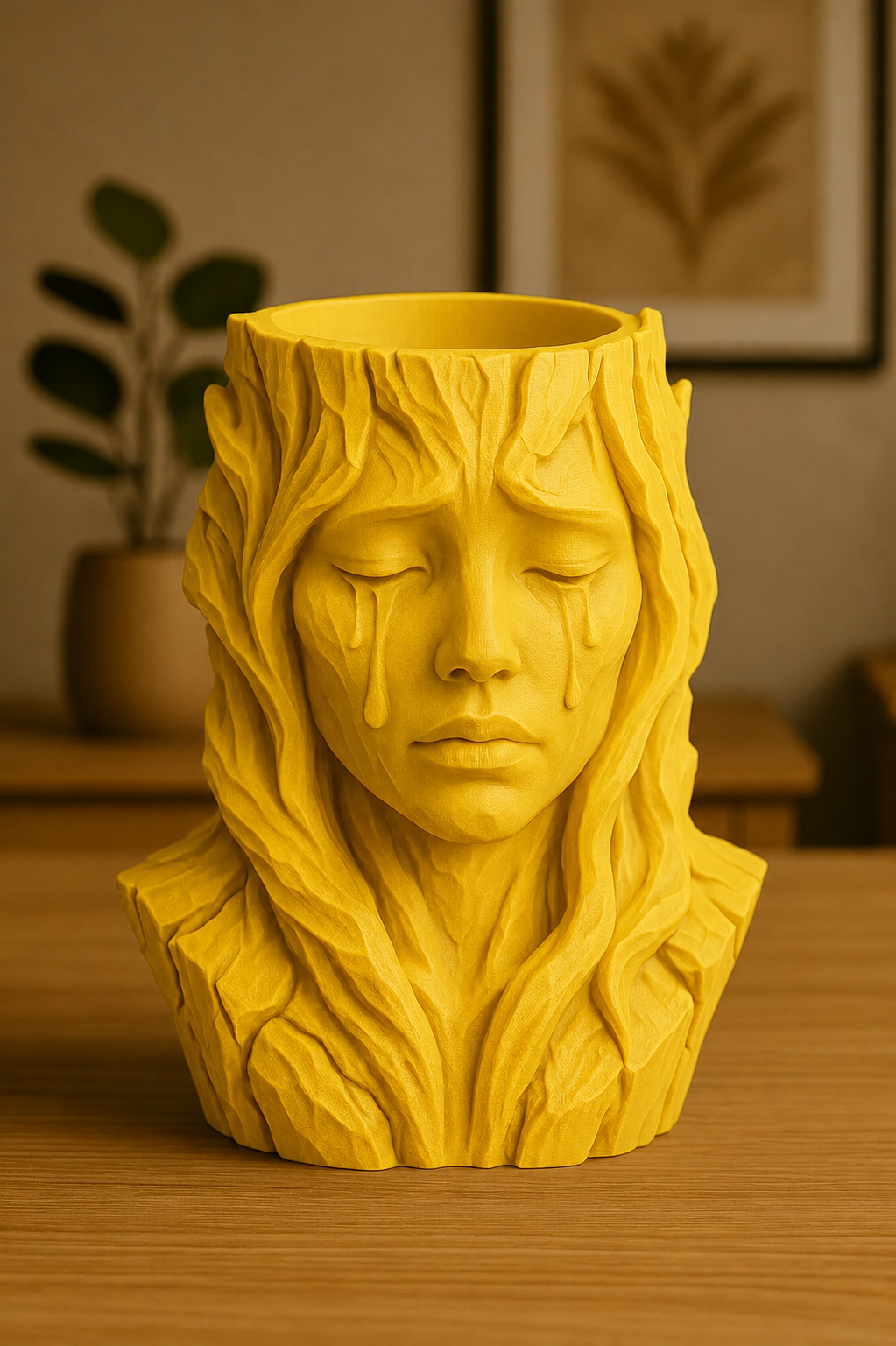 3D Baskı Ağlayan Kadın Büst Saksı - Sanatsal Dekoratif Saksı - Sarı