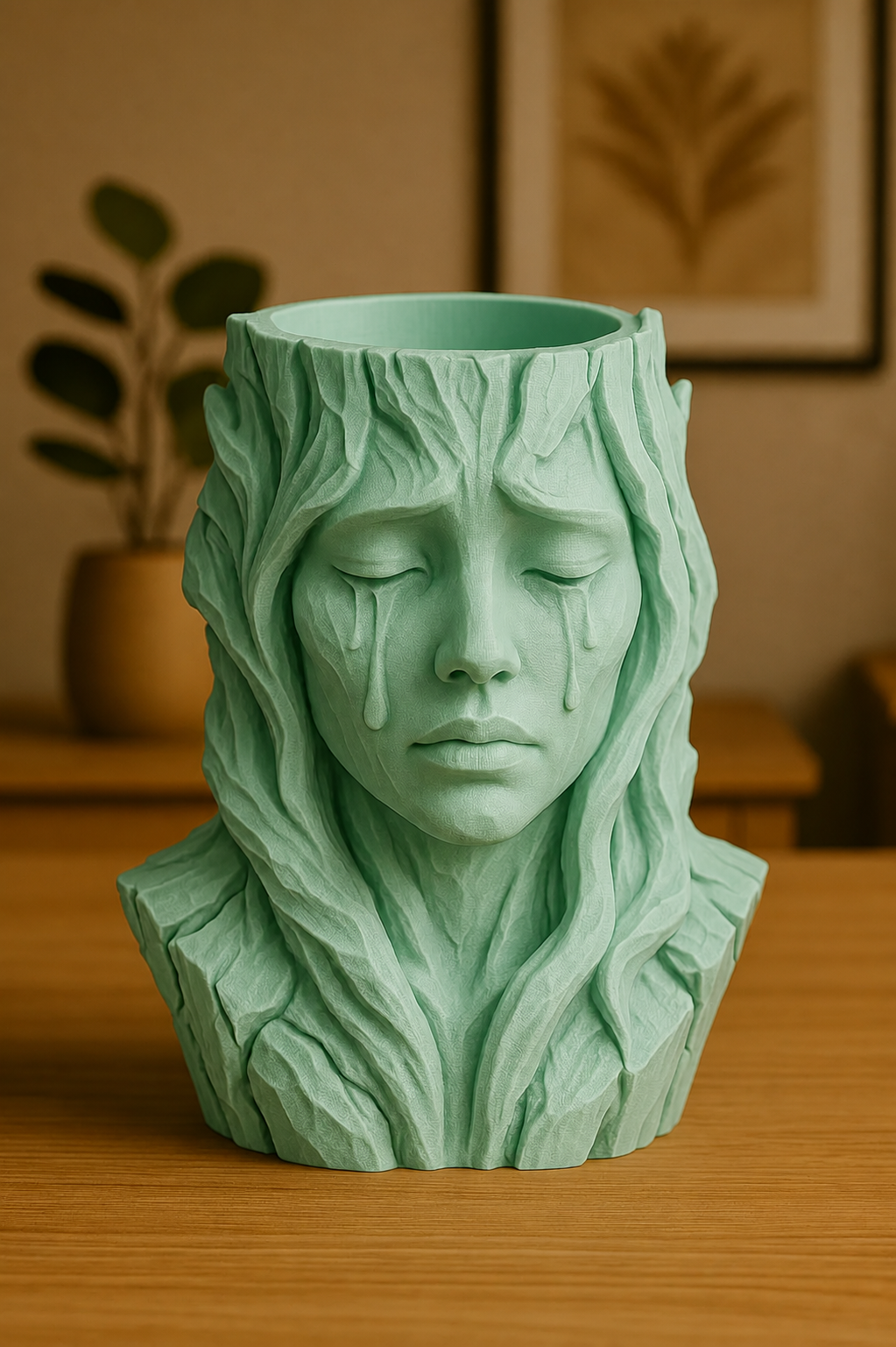 3D Baskı Ağlayan Kadın Büst Saksı - Sanatsal Dekoratif Saksı - Mint