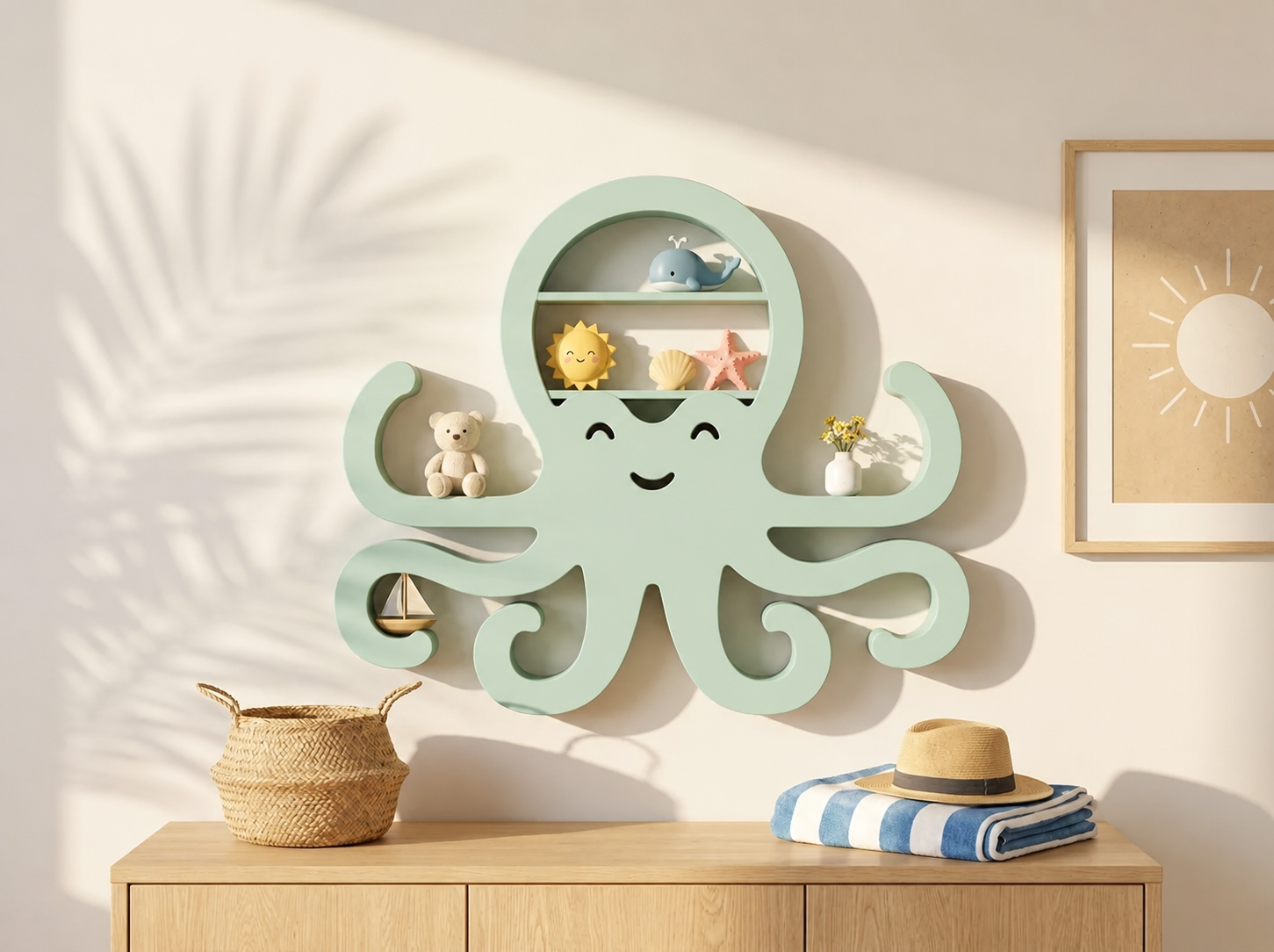 3D Baskı Ahtapot Duvar Rafı - Dekoratif Mini Raf-Mint