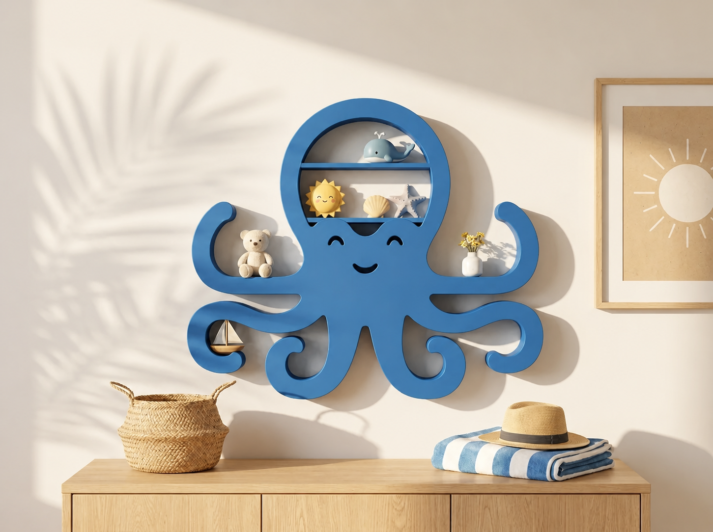 3D Baskı Ahtapot Duvar Rafı - Dekoratif Mini Raf-Mavi