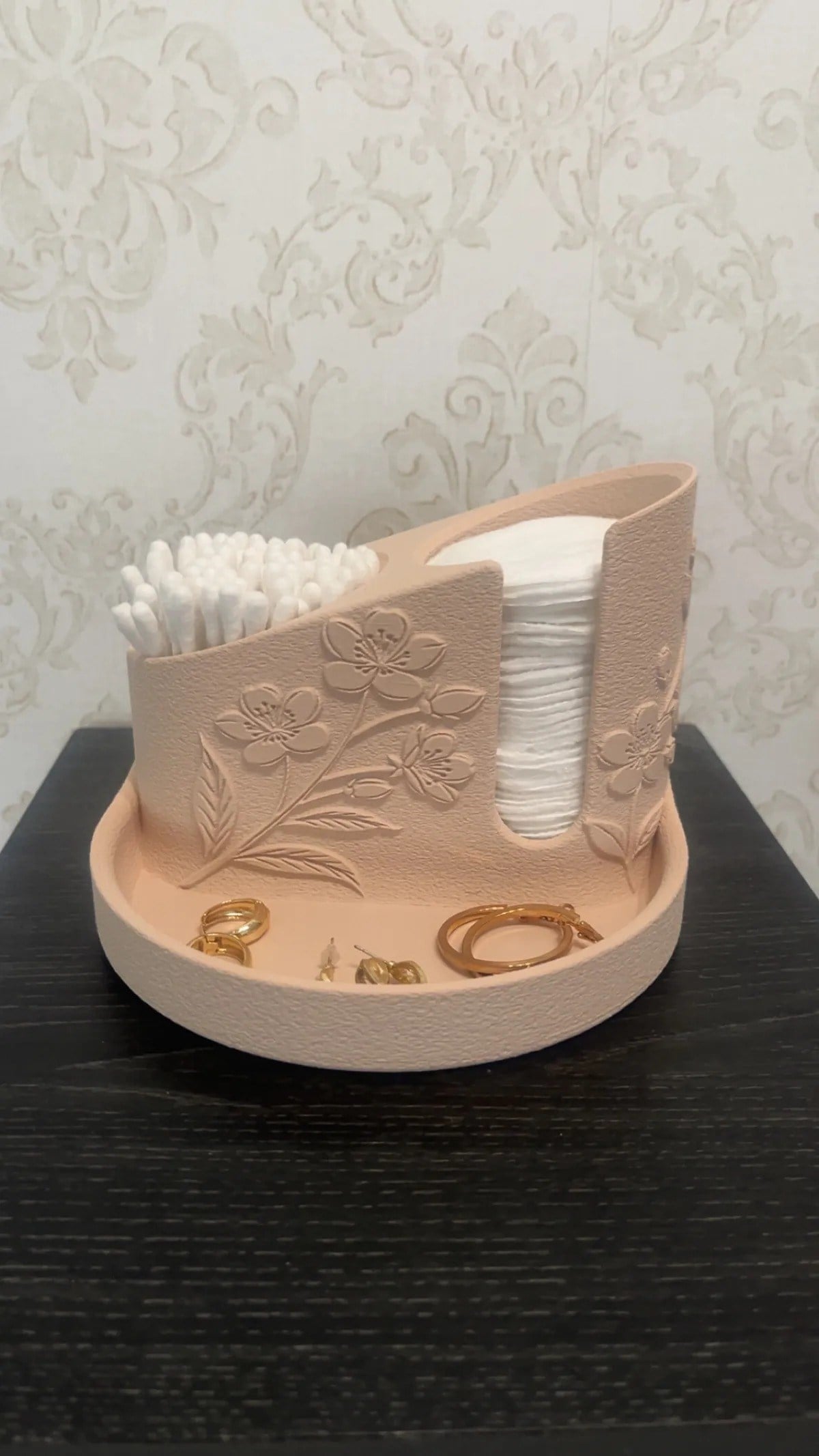 3D Baskı Çiçek Kabartmalı Makyaj Pamuğu ve Kulak Çubuğu Tutucu Takı Tepsili Banyo Düzenleyici - Pembe