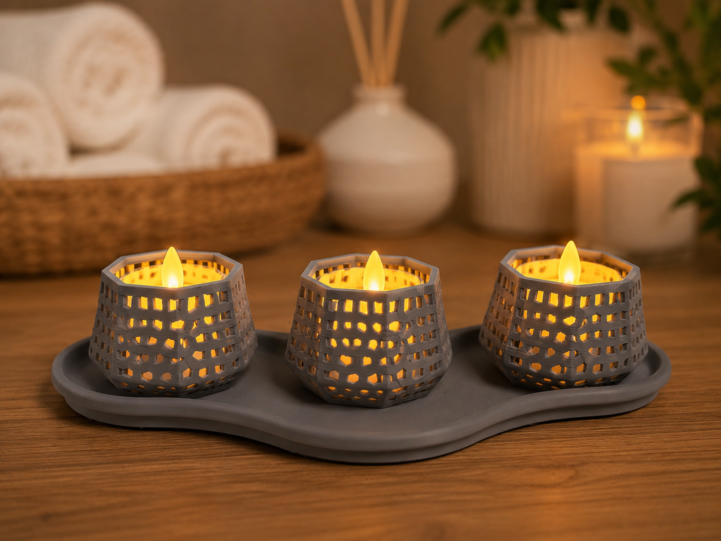 3D Baskı Dekoratif Mumluk Seti - Desenli Tealight ve Masaüstü Aydınlatma Objesi-Gri