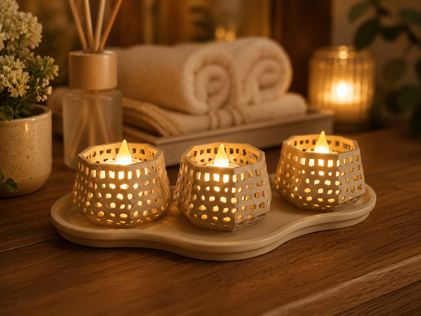3D Baskı Dekoratif Mumluk Seti - Desenli Tealight ve Masaüstü Aydınlatma Objesi-Bej