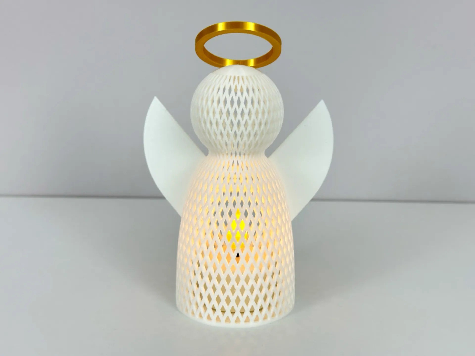 3D Baskı File Dokulu Melek Tealight Mumluk 14,5 cm Altın Haleli Dekoratif Fener Şamdan Masa Süsü