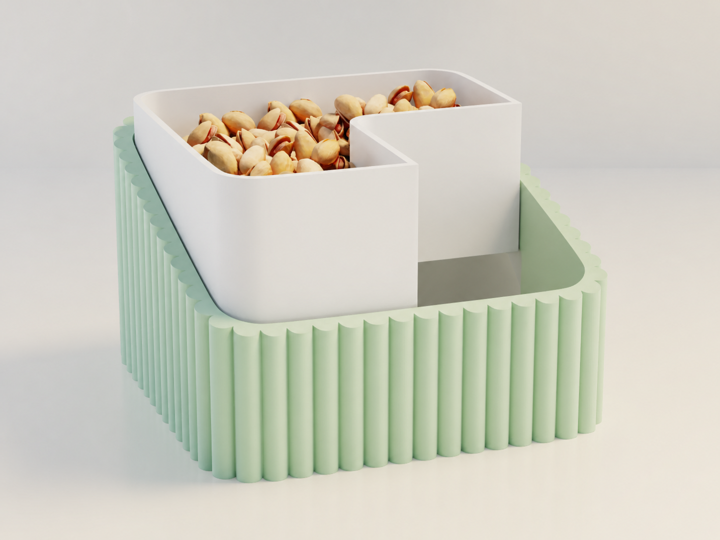 3D Baskı Fıstık Kasesi - Çift Hazneli Kabuk Ayırıcı Sunum Kasesi - Mint Beyaz