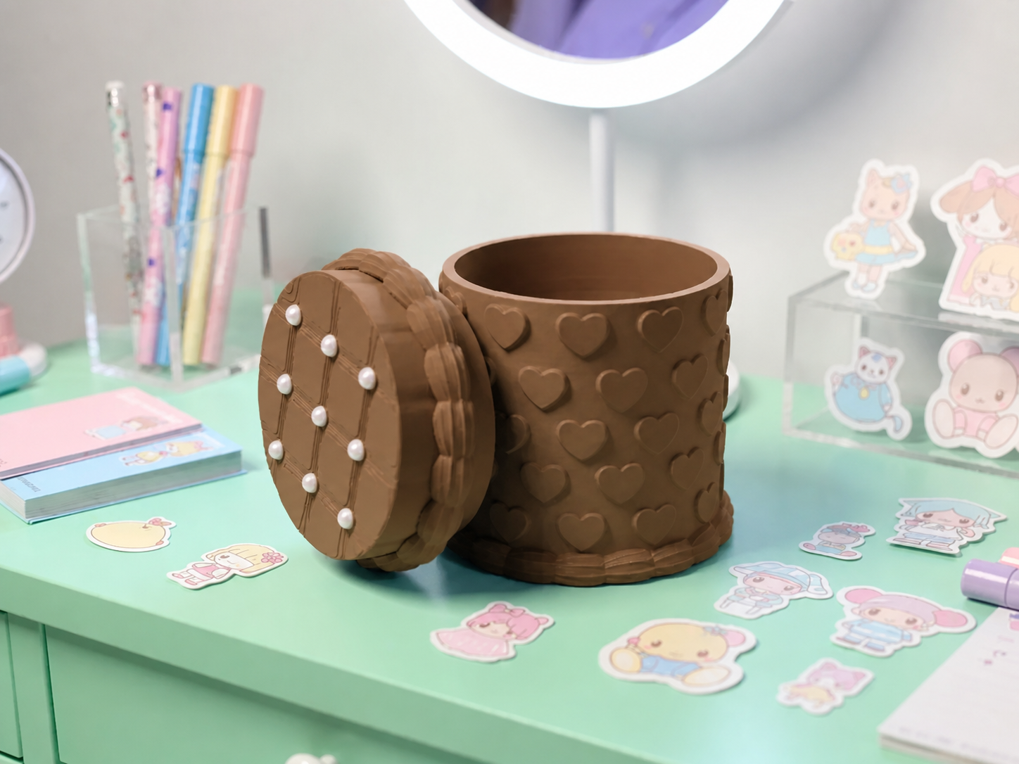 3D Baskı Kabartma Kalp Desenli Kapaklı Kalemlik - Masaüstü Organizer - Kahverengi