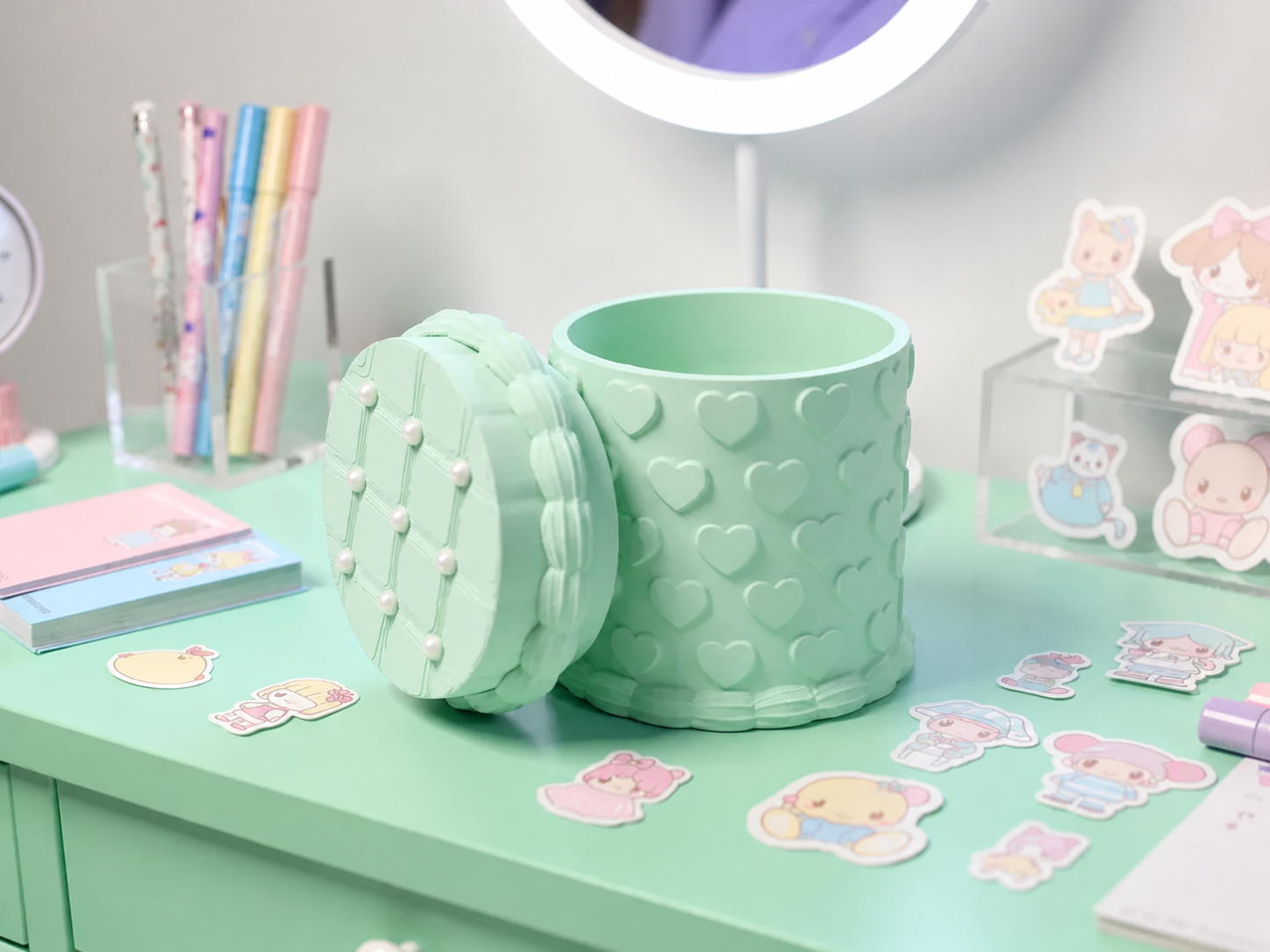 3D Baskı Kabartma Kalp Desenli Kapaklı Kalemlik - Masaüstü Organizer - Mint