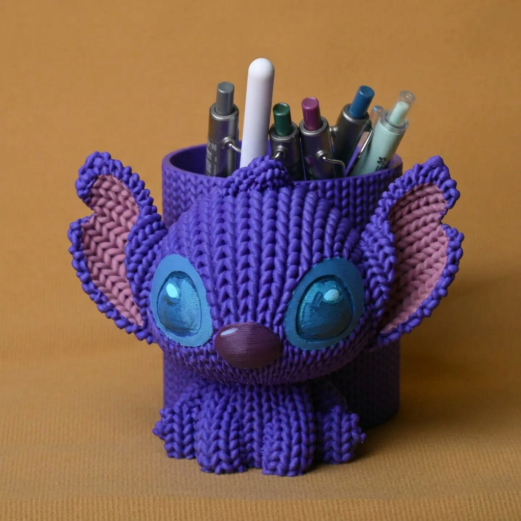 3D Baskı Knitted Kalemlik - Sevimli Karakterli Masaüstü Kalem Organizeri-Mor
