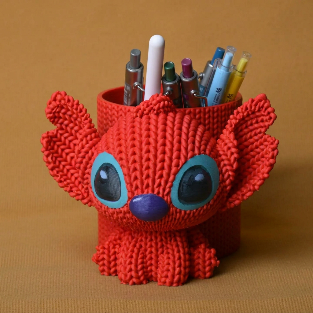 3D Baskı Knitted Kalemlik - Sevimli Karakterli Masaüstü Kalem Organizeri-Kırmızı