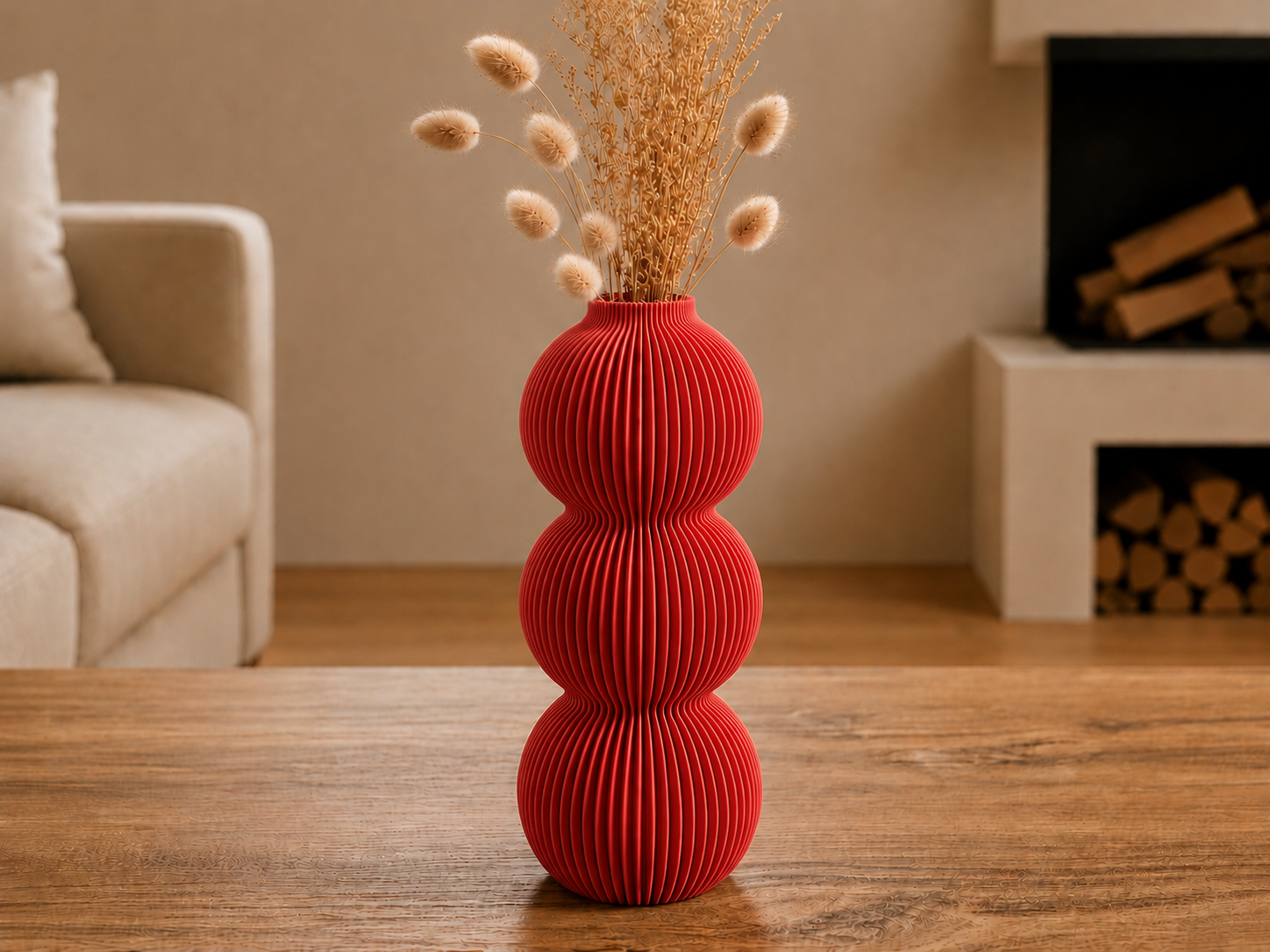 3D Baskı Modern 3 Küre Dekoratif Vazo - Minimal Çiçek Vazosu, Masaüstü Ev ve Ofis Dekoru-Kırmızı