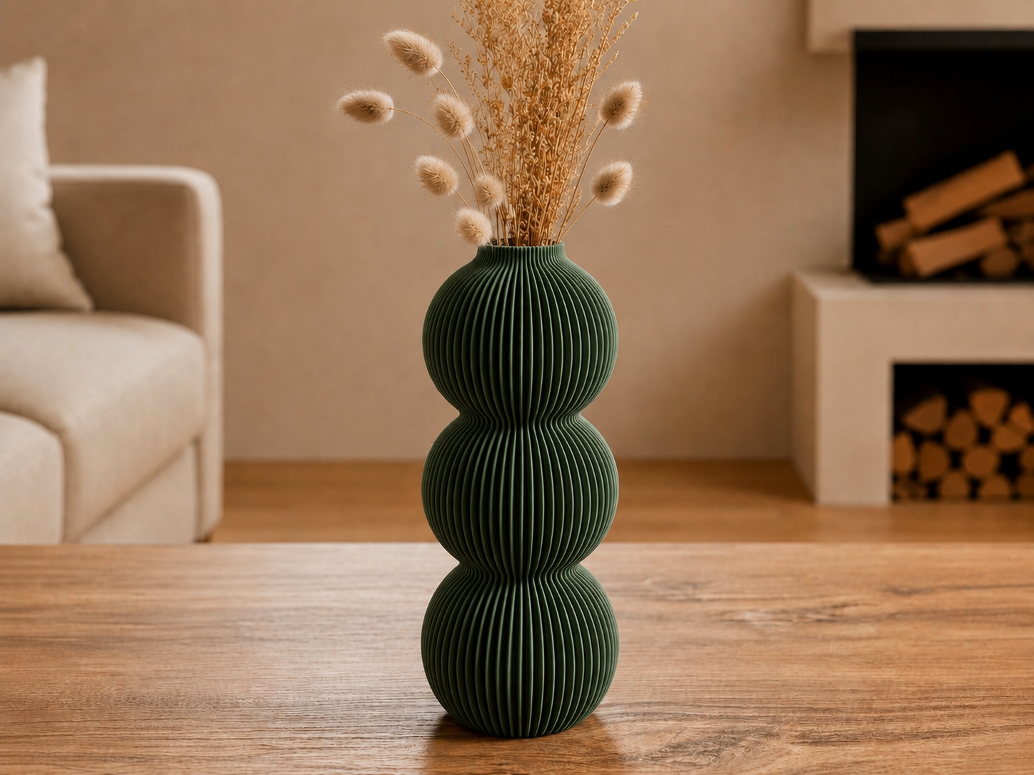 3D Baskı Modern 3 Küre Dekoratif Vazo - Minimal Çiçek Vazosu, Masaüstü Ev ve Ofis Dekoru-Yeşil