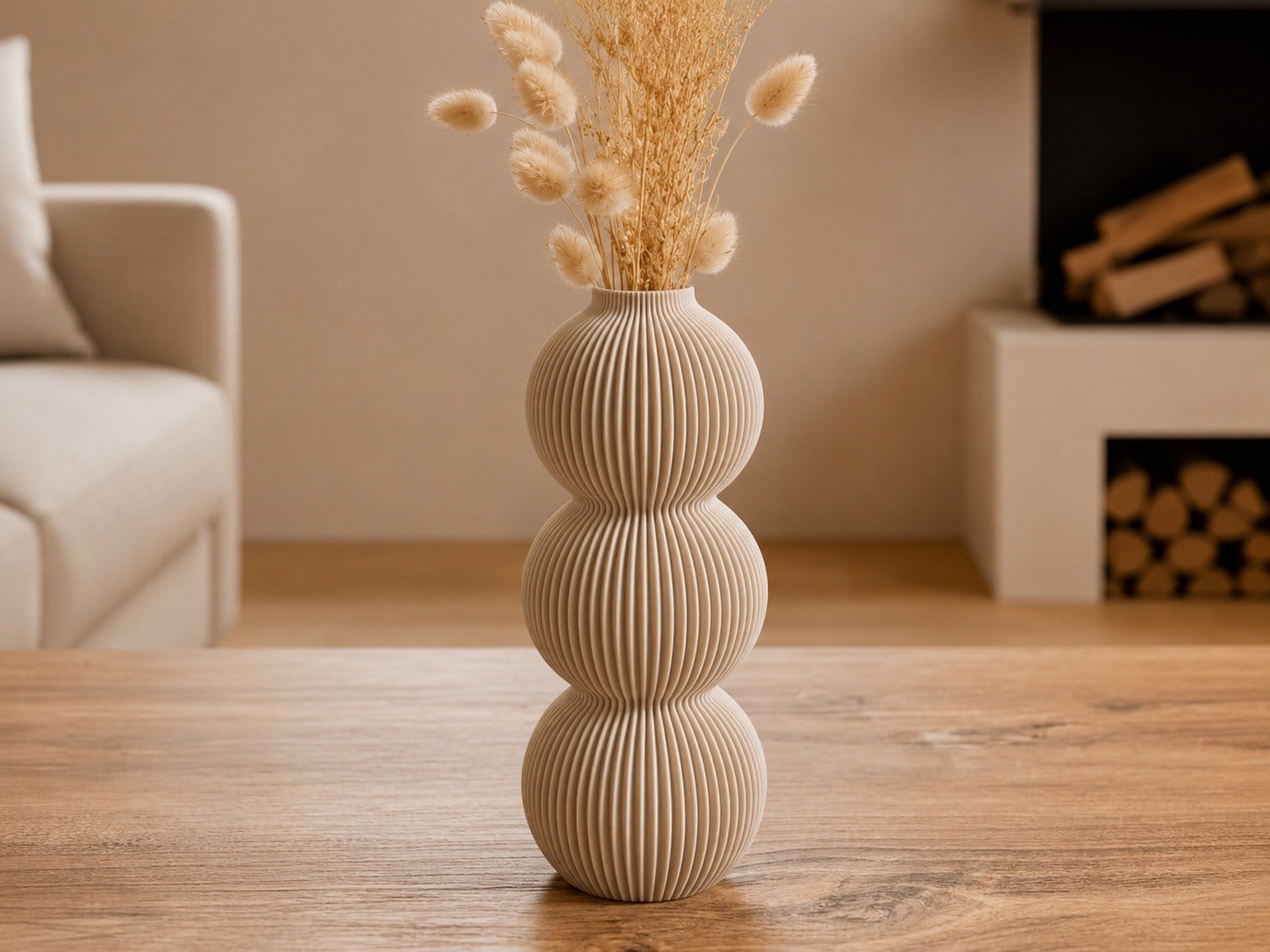 3D Baskı Modern 3 Küre Dekoratif Vazo - Minimal Çiçek Vazosu, Masaüstü Ev ve Ofis Dekoru-Bej