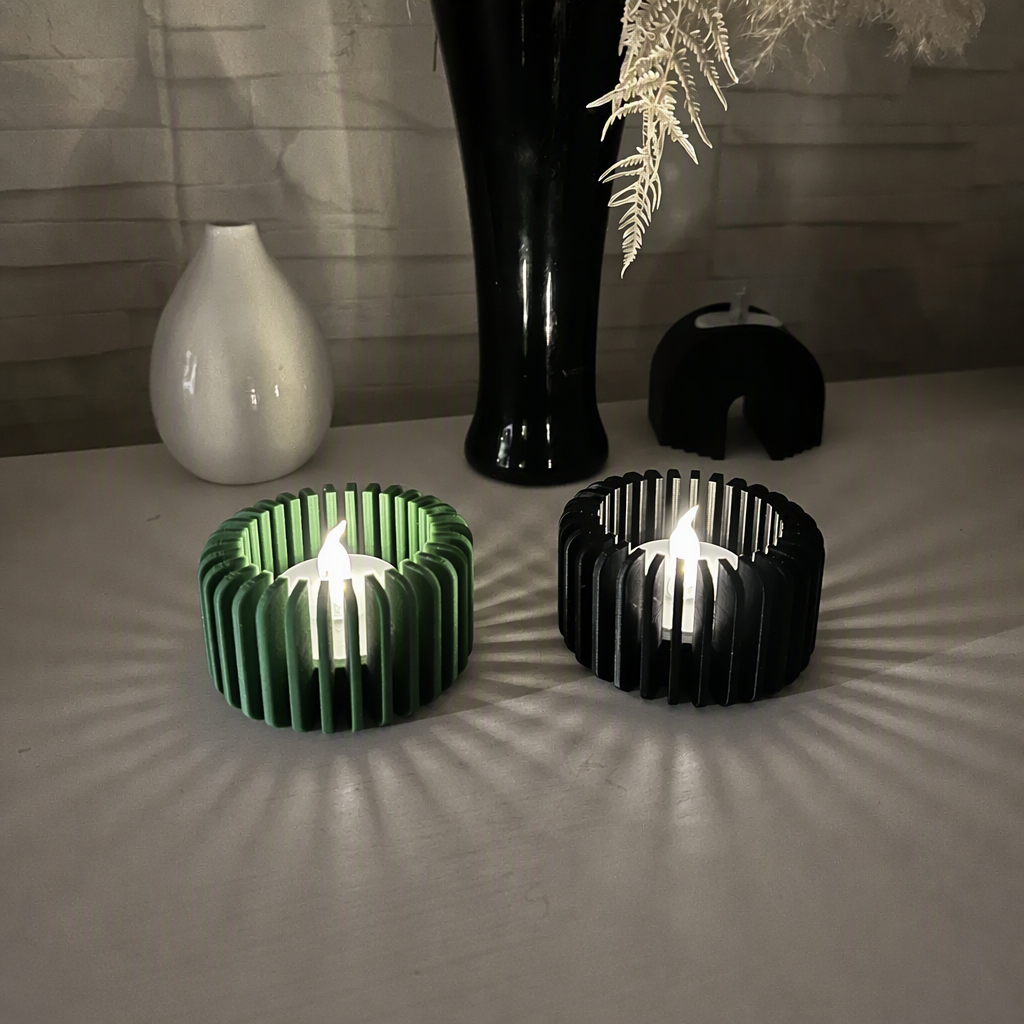 3D Baskı Modern Çizgili Mumluk - Tealight Mumluk (1 Adet)-Yeşil