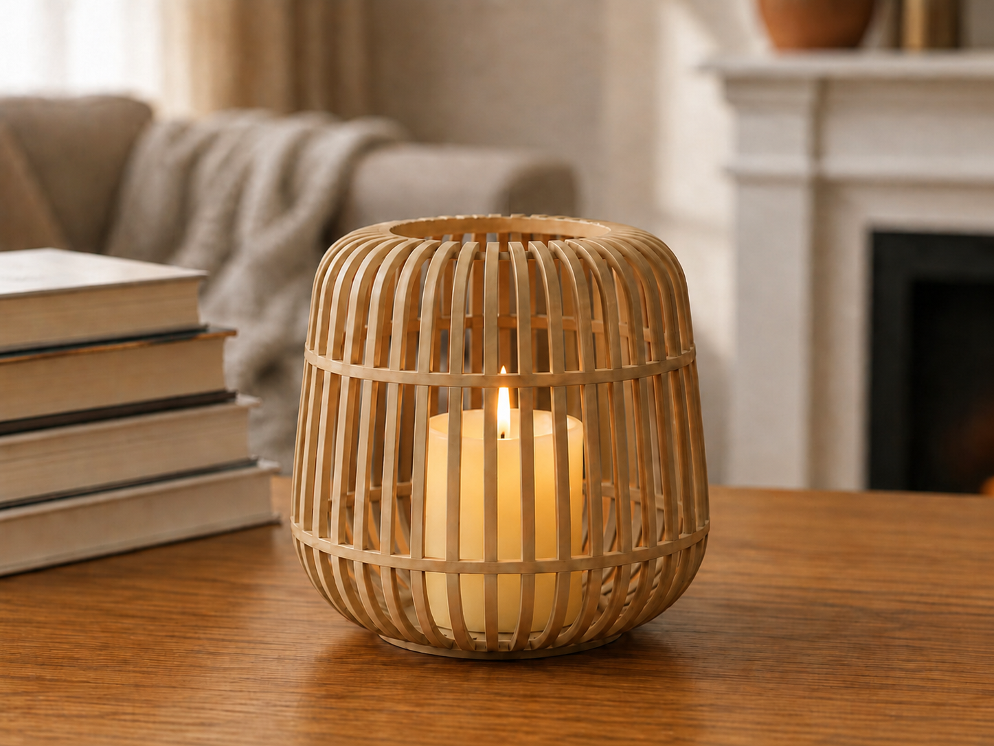 3D Baskı Modern Kafes Tasarımlı Dekoratif Mumluk - Tealight Mumluk, Masaüstü Ev ve Ofis Dekoru-Bej