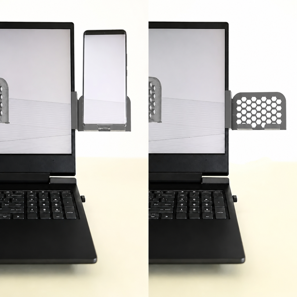 3D Baskı Monitor Telefon Tutucu - Petek Desenli Laptop Kenar Telefon Tutucu-Gri