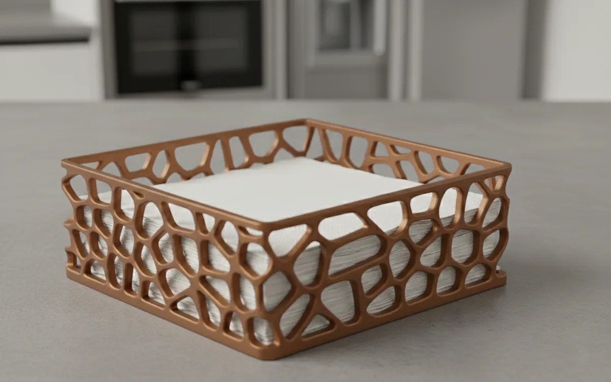 3D Baskı Organik Desenli Peçetelik Kokteyl Peçete Tutucu 12,5x12,5 cm Delikli Peçete Standı - Bakır