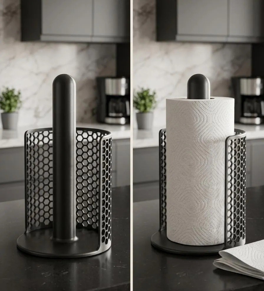 3D Baskı Petek Delikli Ayaklı Kağıt Havlu Standı Modern Kağıt Havluluk Mutfak Tezgâh Havlu Tutucu Siyah