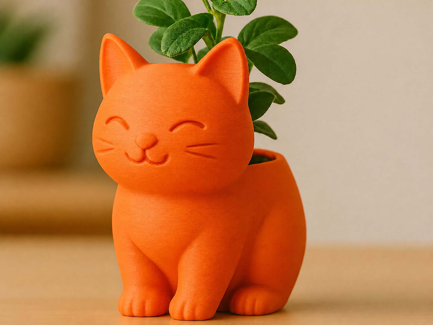 3D Baskı Sevimli Kedi Saksı - Figürlü Sukulent Saksısı-Turuncu