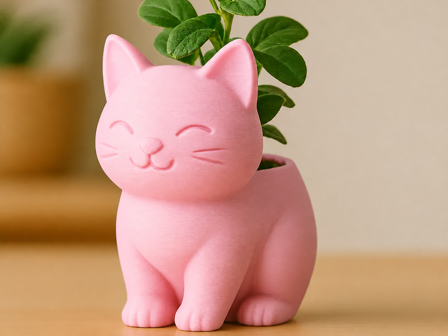 3D Baskı Sevimli Kedi Saksı - Figürlü Sukulent Saksısı-Pembe