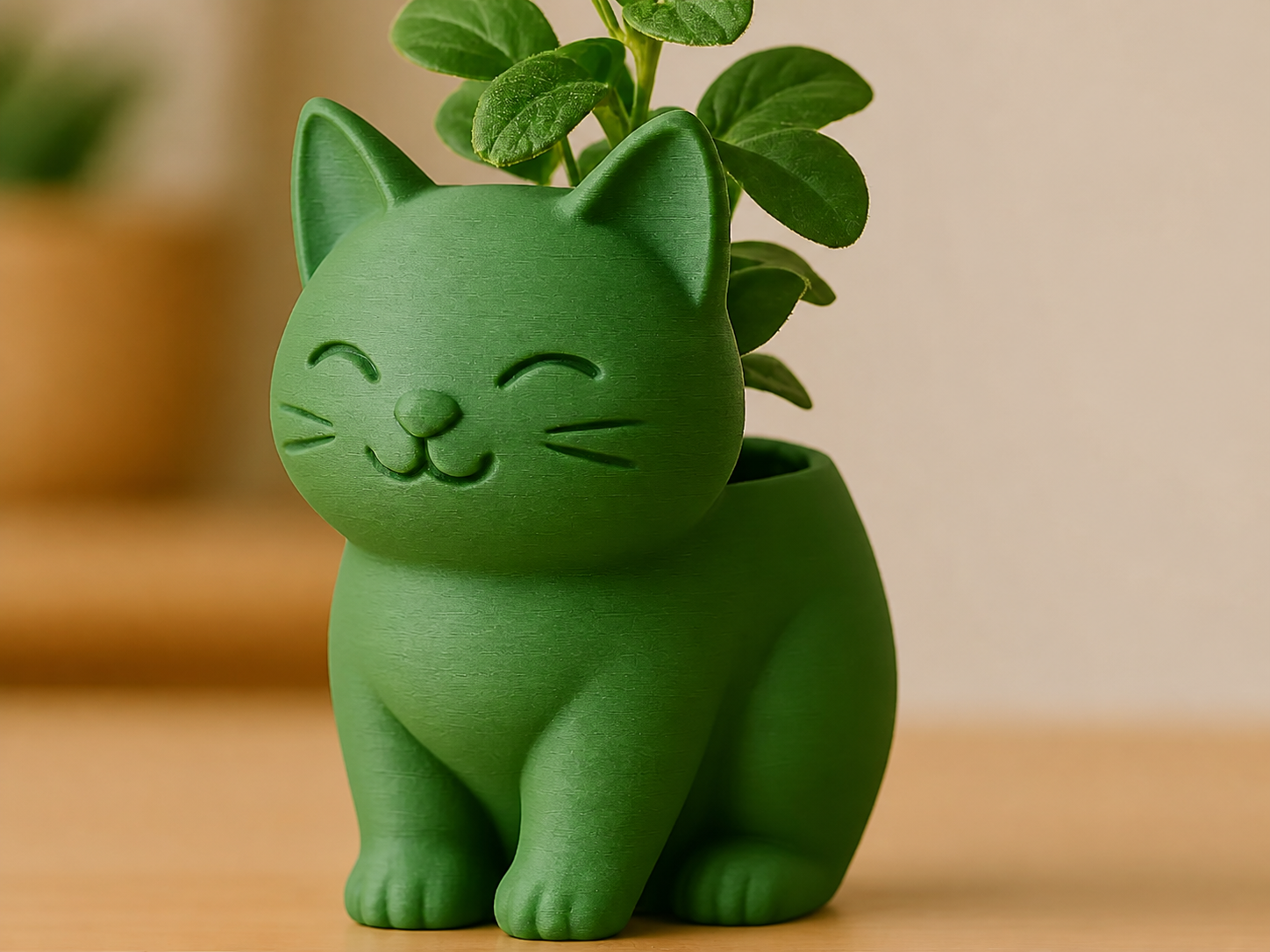 3D Baskı Sevimli Kedi Saksı - Figürlü Sukulent Saksısı-Yeşil