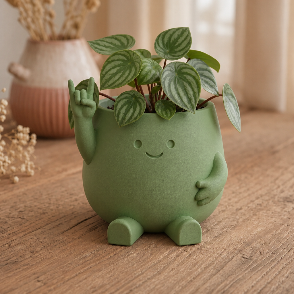 3D Baskı Smiley Face Planter - Gülümseyen Karakterli Saksı-Yeşil