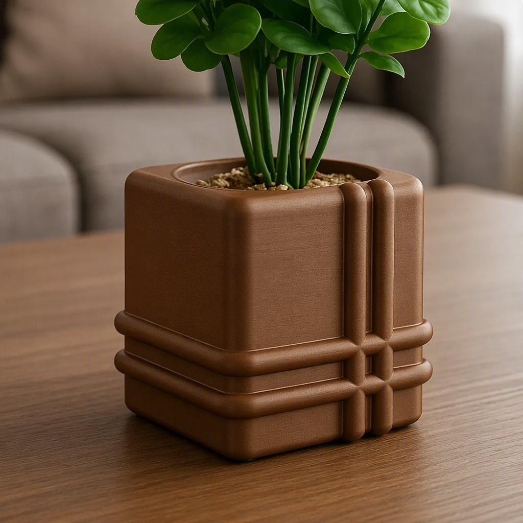 3D Baskı Square Planter - Izgara Desenli Küp Saksı-Kahverengi