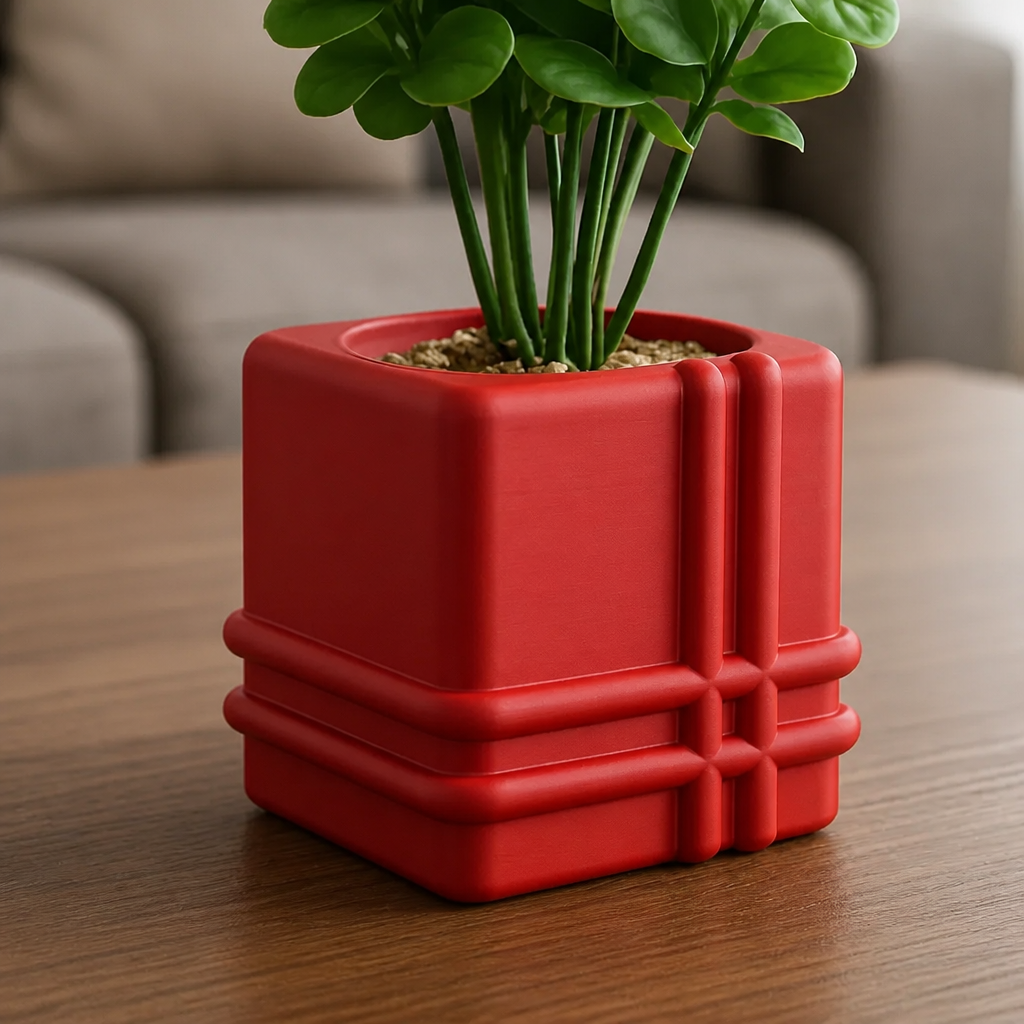 3D Baskı Square Planter - Izgara Desenli Küp Saksı-Kırmızı
