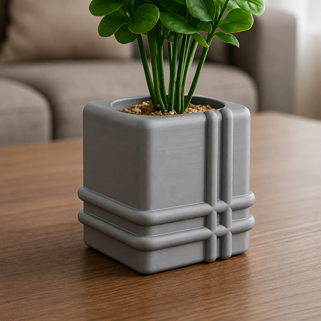 3D Baskı Square Planter - Izgara Desenli Küp Saksı-Gri