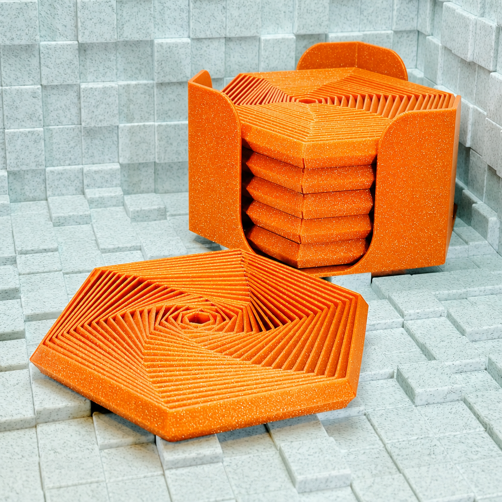 3D Baskı Super Fidget Coaster Seti - Altıgen Desenli Bardak Altlığı ve Tutucu-Turuncu