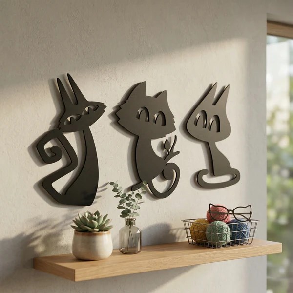 3’lü Dekoratif Kedi Duvar Tablosu MDF Lazer Kesim Modern Duvar Süsü Minimal Kedi Figürlü Dekor