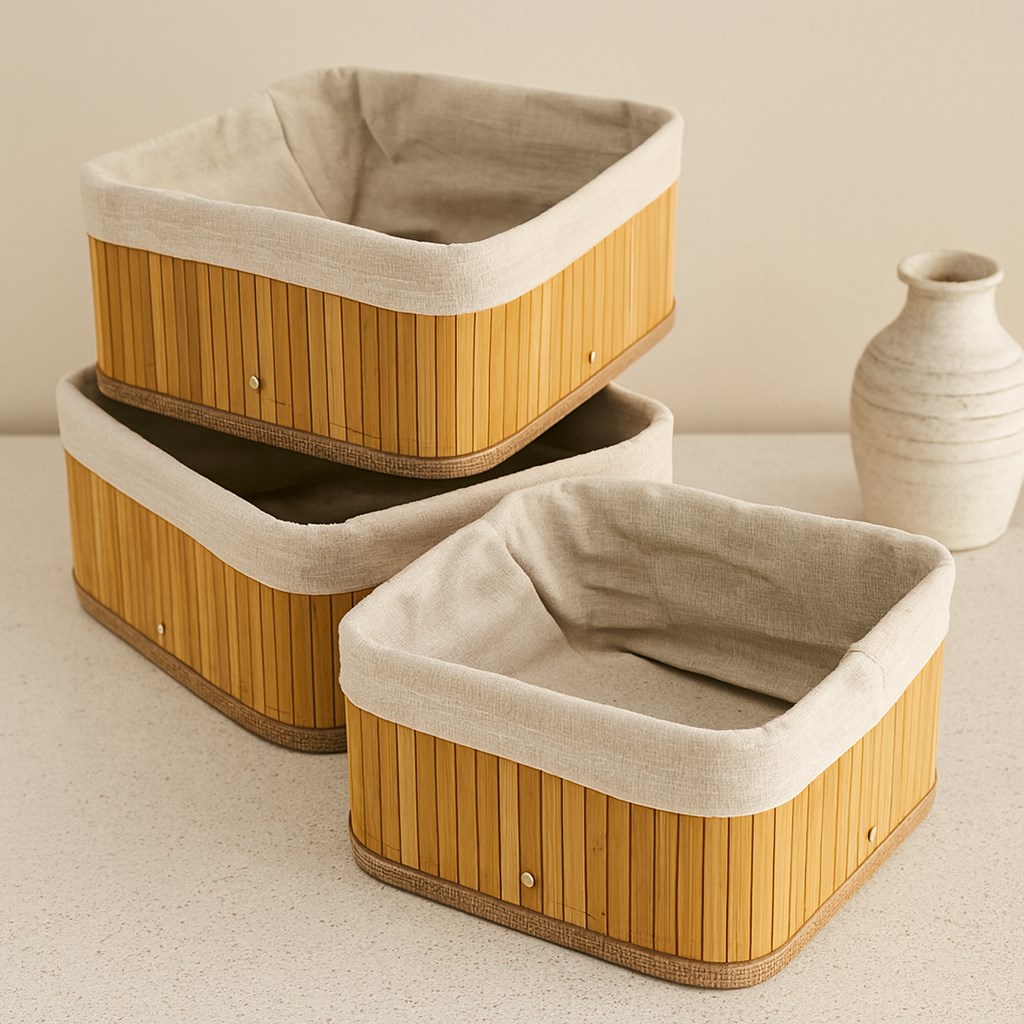 3lü Kare Organizer Sepet Seti - Bambu Kenarlı Ahşap Taban Bez Astarlı (17x17 / 21x21 / 26x26 cm)