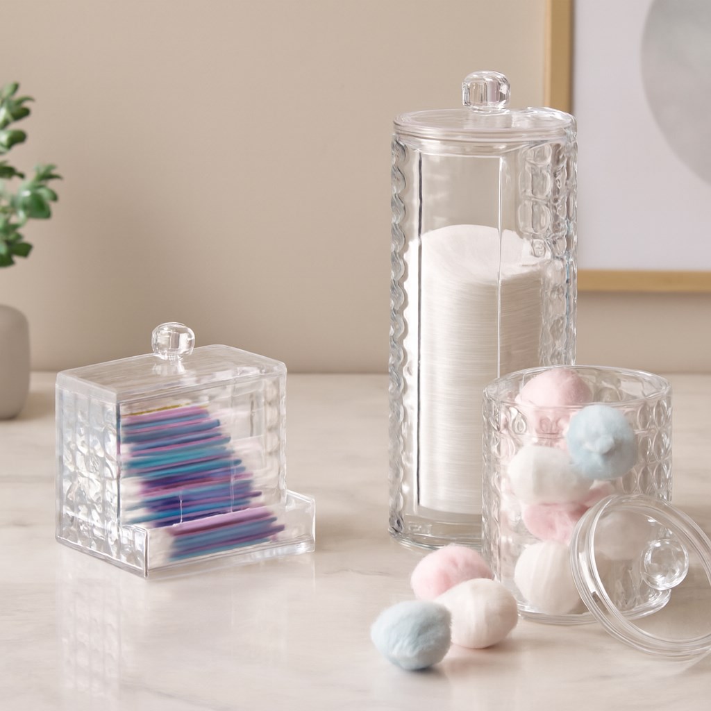 3lü Mika Kristal Plastik Organizer Seti - Kulak Pamukluk, Makyaj Pamuğu, Mendillik