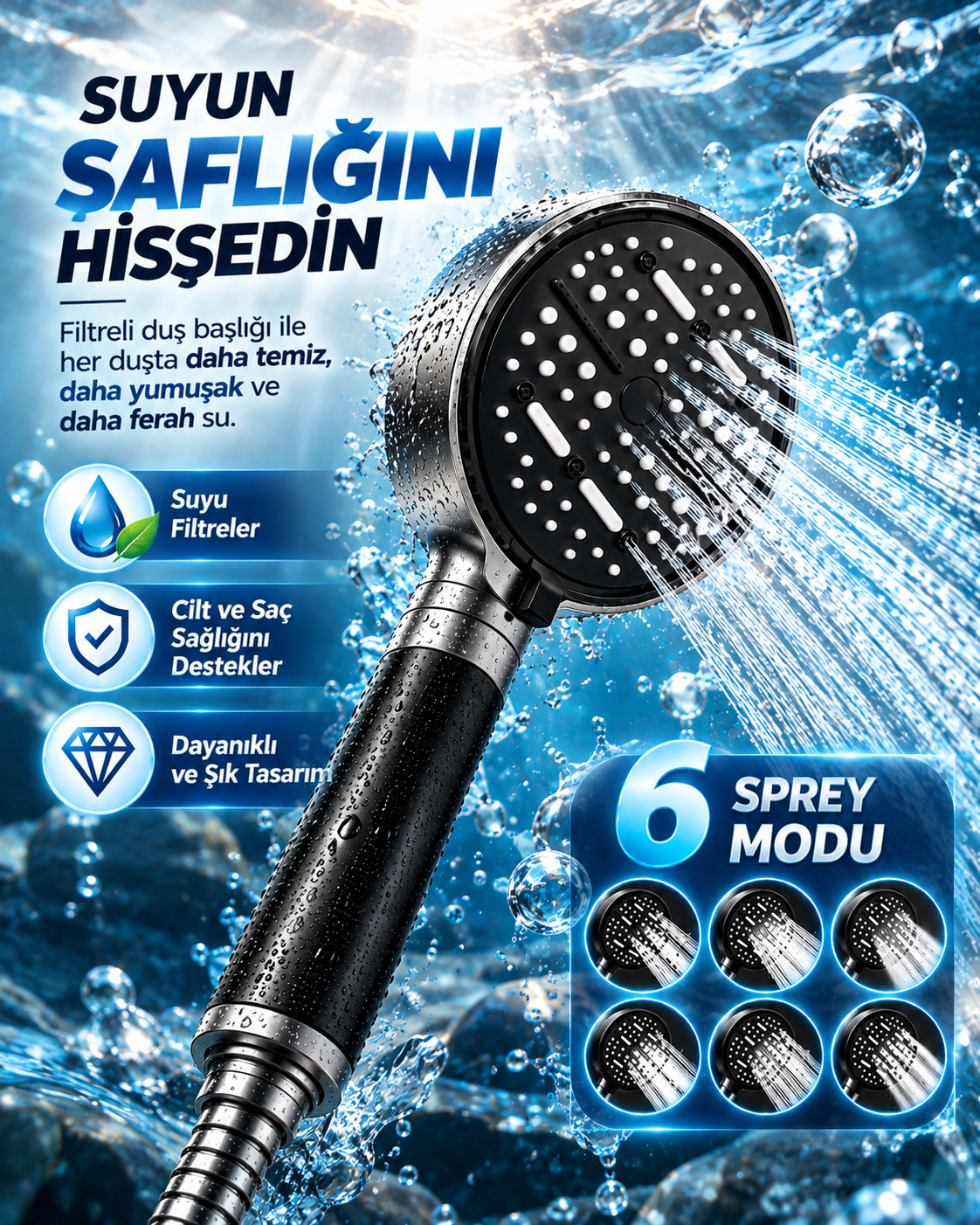 6 Sprey Modlu Filtreli Duş Başlığı Büyük Su Paneli Silikon Nozullu Modern Tasarım