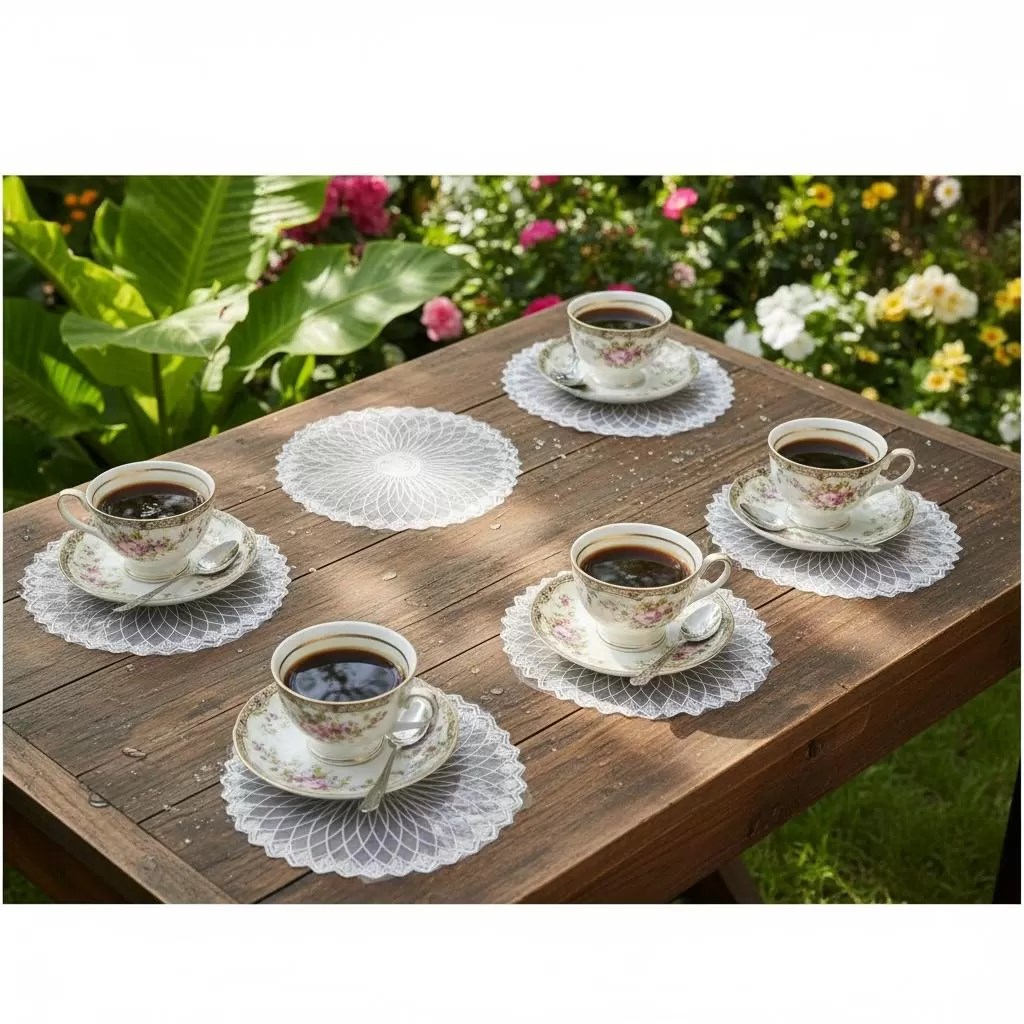 6 lı Dantel Kahve Sunumluğu 15x15 cm Asorti Desenli Bardak Altlığı Türk Kahvesi Fincan Sunum Seti