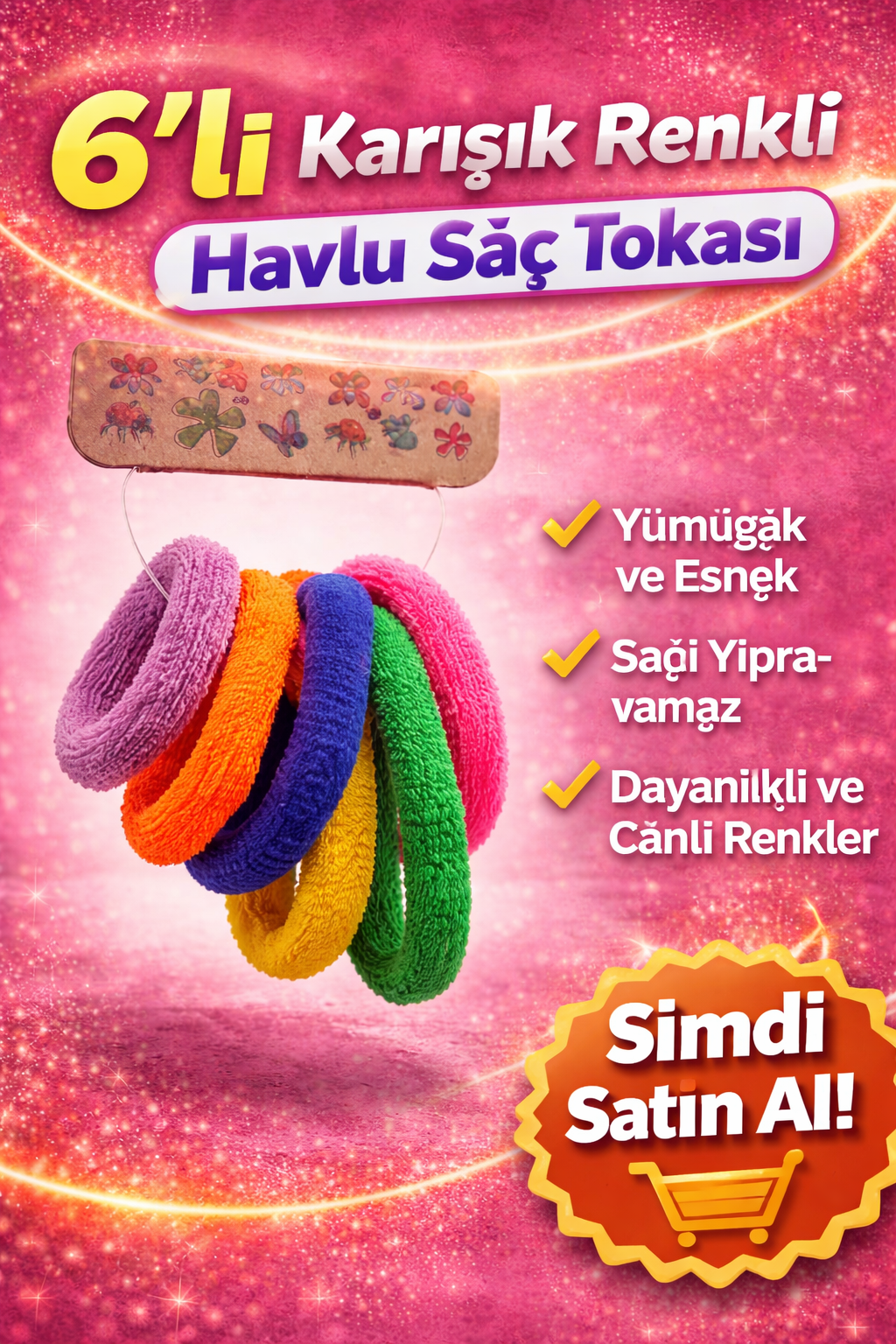 6’lı Karışık Renkli Havlu Saç Tokası Yumuşak Elastik Dayanıklı Lastik Toka Seti