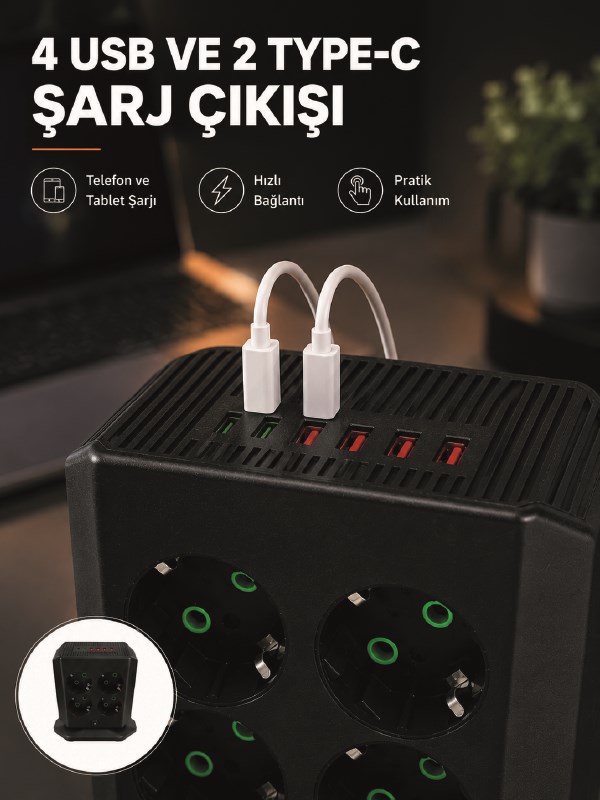 8'li Dikey Çoklu Priz 4 USB 2 Type-C Akım Korumalı Anahtarlı Priz