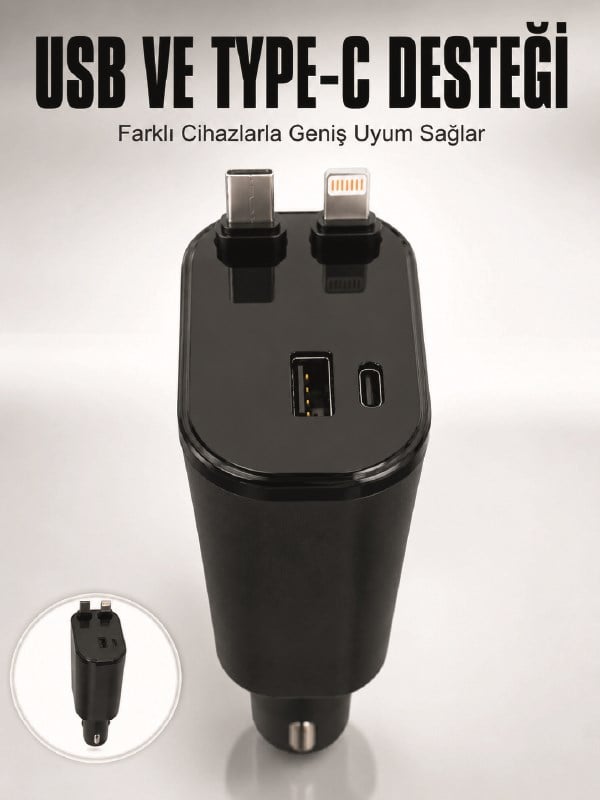 Araç Çakmaklık Şarj Cihazı 120W Type-C & Lightning Kablolu Çoklu Hızlı Şarj İstasyonu