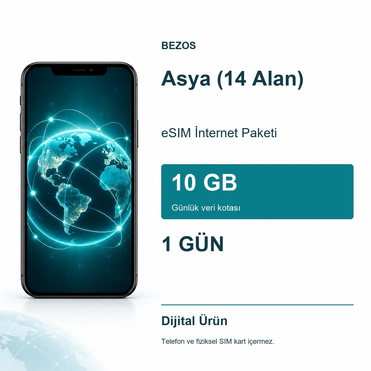Asya (14 Alan) eSIM İnternet Paketi Günlük 10 GB 1 Gün