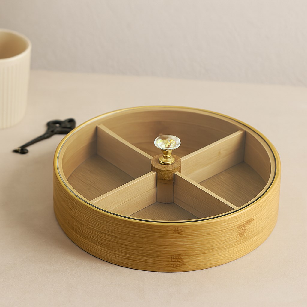Bambu 4 Bölmeli Kapaklı Servis Sunum Kutusu 22 cm