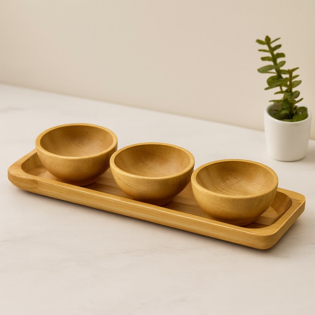 Bambu Lokumluk ve Çerezlik Seti 3lü Sunum Tepsili (6 cm)