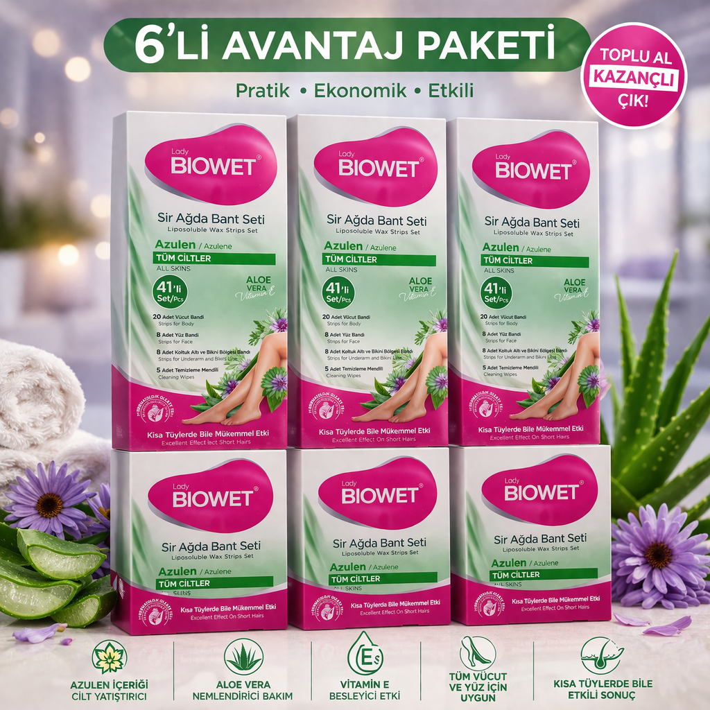 Biowet Sir Ağda Bant Seti Azulen Aloe Vera Tüm Ciltler İçin 41 Parça Kolay Kullanım 6 Paket