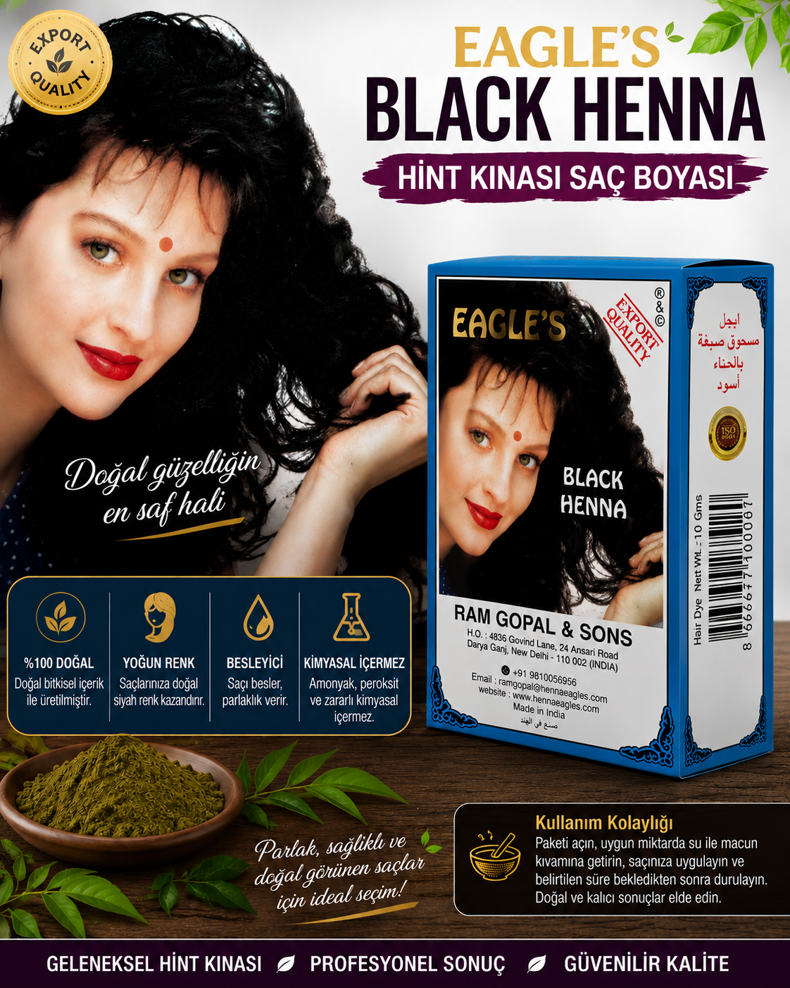 Black Henna Hint Kınası Saç Boyası Siyah Renk 6’lı Kutu Doğal Görünümlü Kalıcı Saç Boyası