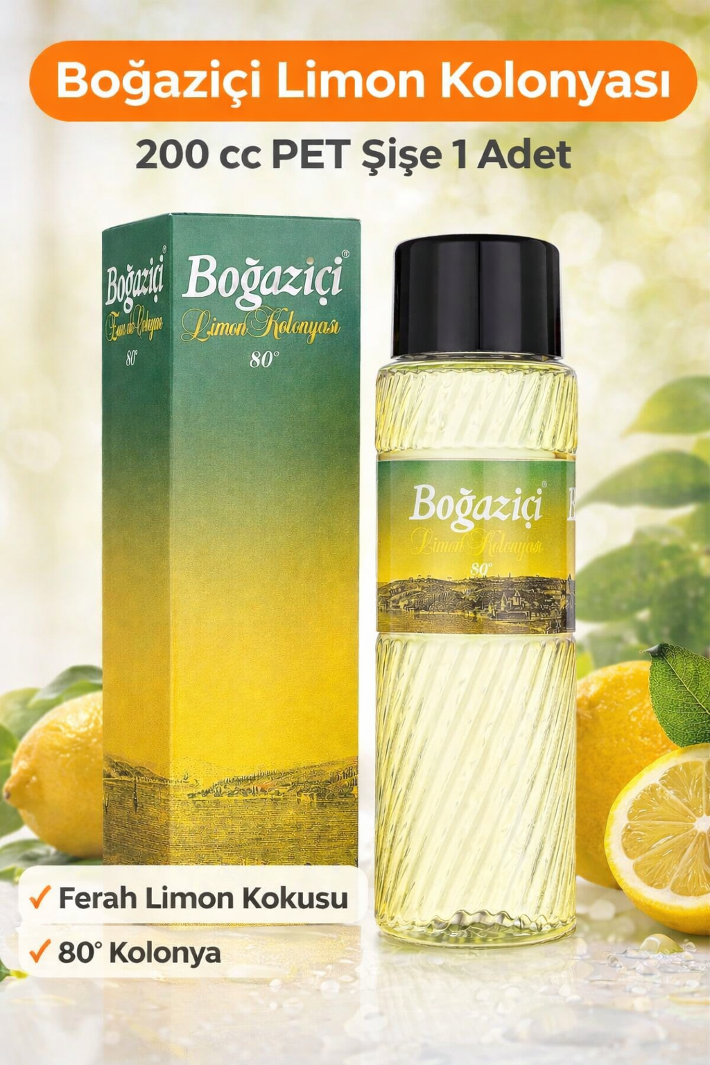Boğaziçi Limon Kolonyası 200 cc 80° Ferahlatıcı Limon Kokulu Kolonya Pet Şişe 1 Adet