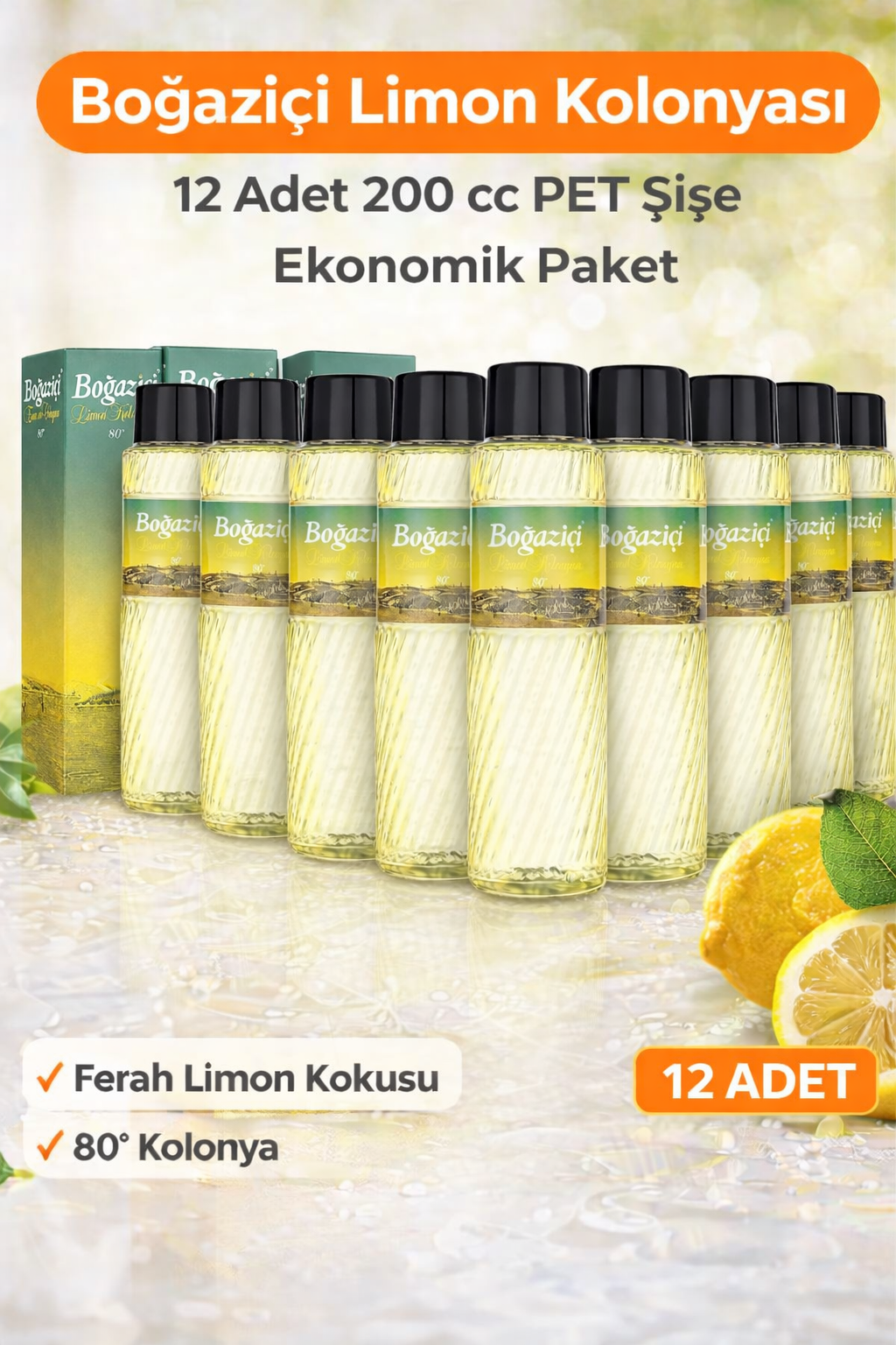 Boğaziçi Limon Kolonyası 200 cc PET Şişe 12 Adet 80° Limon Kokulu Kolonya Ekonomik Çoklu Paket
