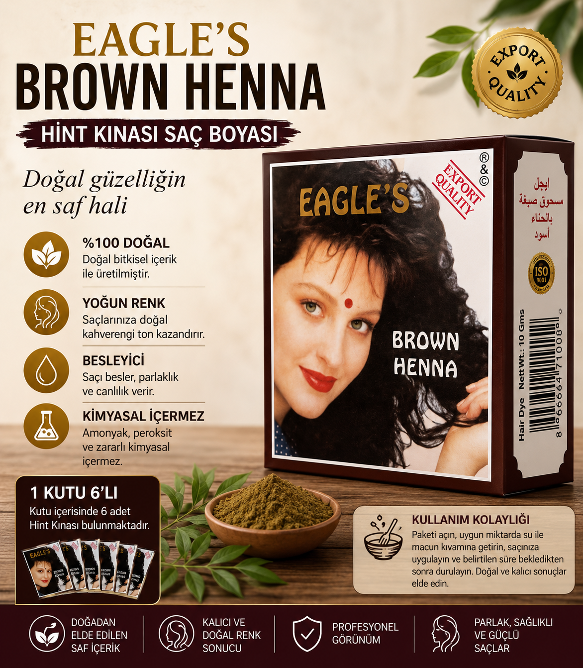 Brown Henna Hint Kınası Saç Boyası Kahverengi 6’lı Kutu Doğal Görünümlü Saç Boyası