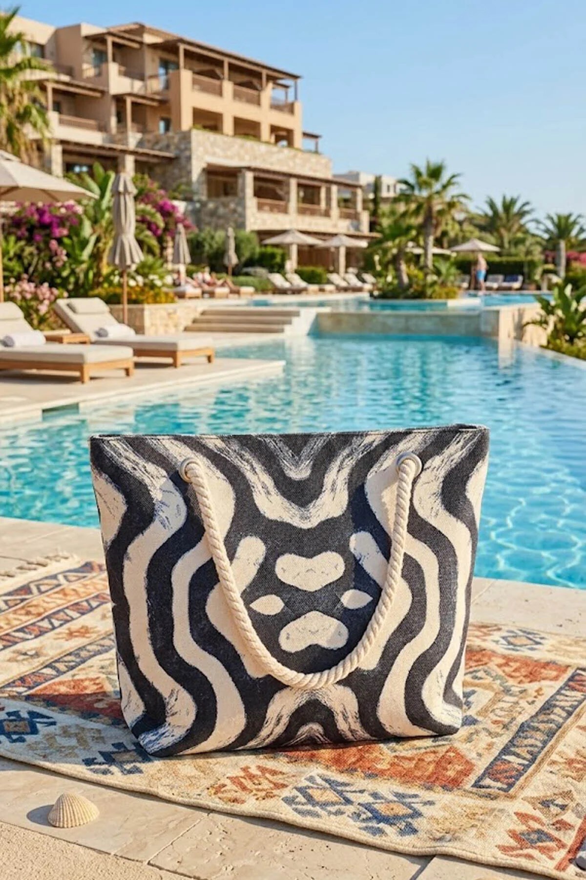 Büyük Boy Plaj Çantası 40×30 cm - Fermuarlı Günlük Omuz, Alışveriş ve Tatil Çantası